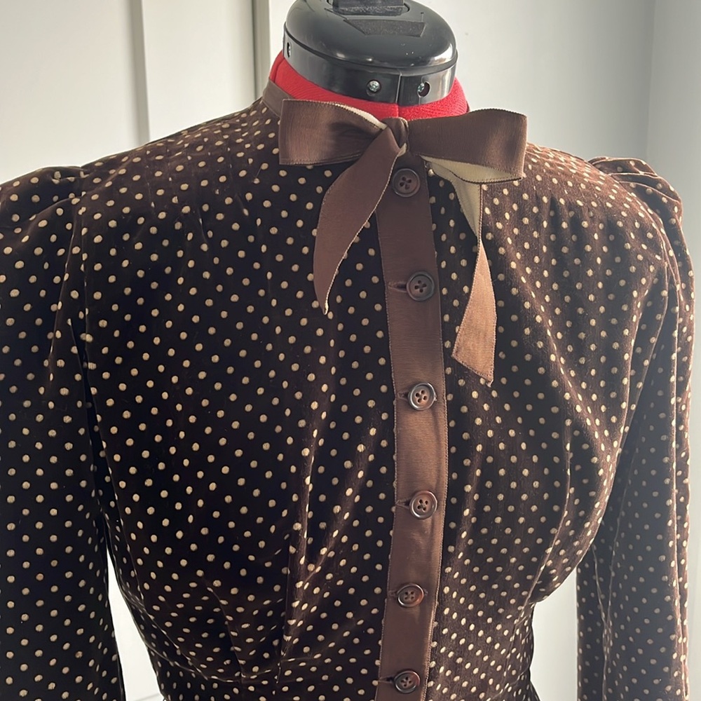 Vintage 1930s brown velvet polka dot and grosgrain ribbon button down dress.